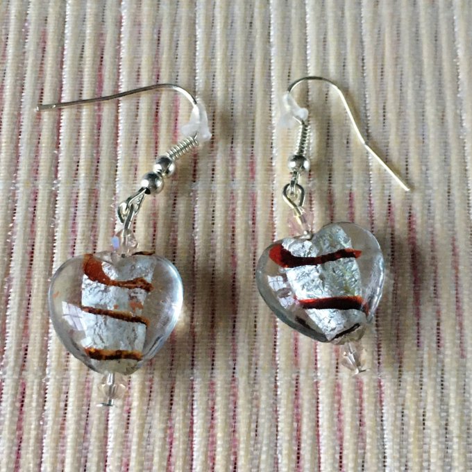 Boucles d'oreilles cœur en verre, argenté et marron