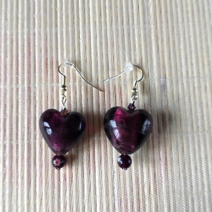 Boucles d'oreilles cœur en verre, prune