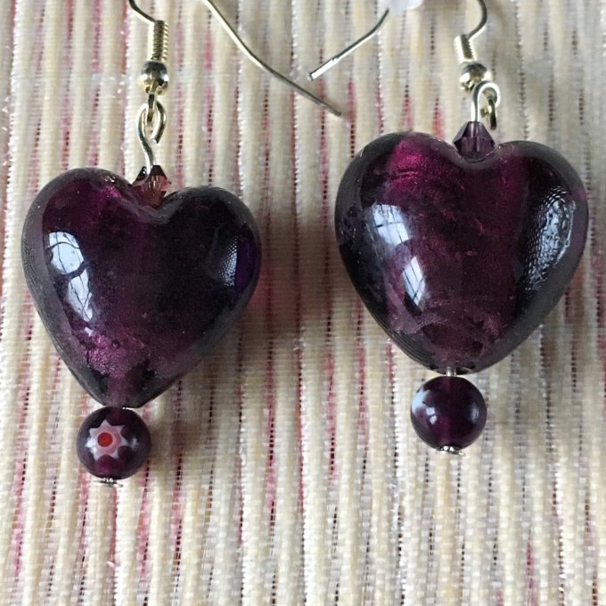 Boucles d'oreilles cœur en verre, prune