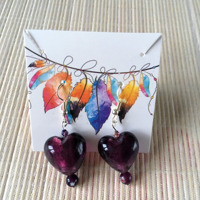 Boucles d'oreilles cœur en verre, prune