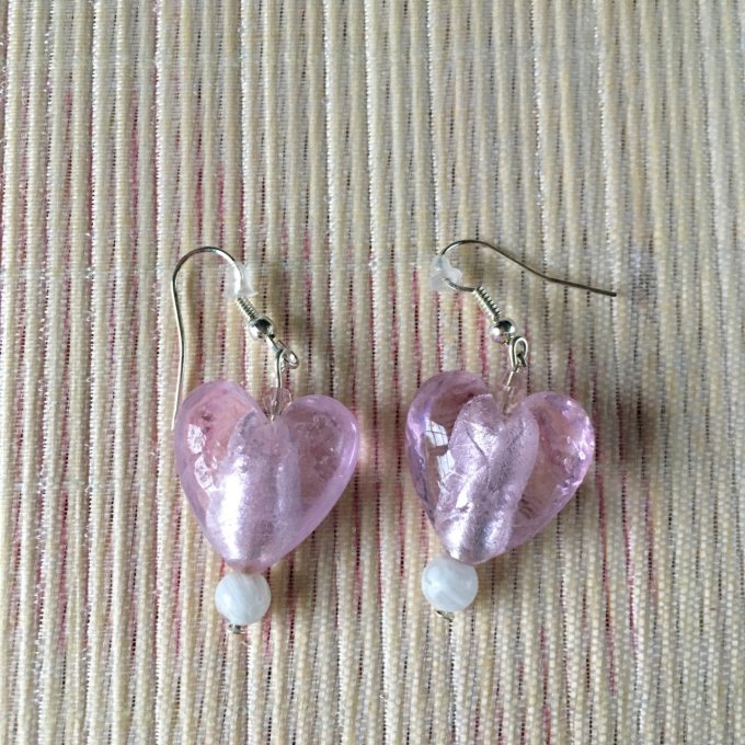 Boucles d'oreilles cœur en verre, rose doux