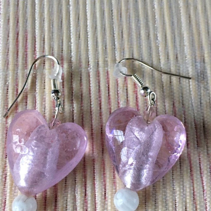 Boucles d'oreilles cœur en verre, rose doux