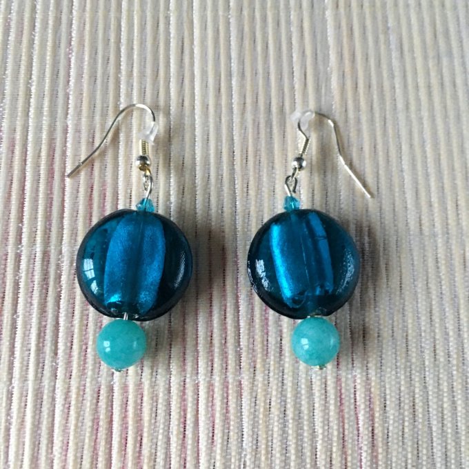 Boucles d'oreilles pastille en verre, bleu canard