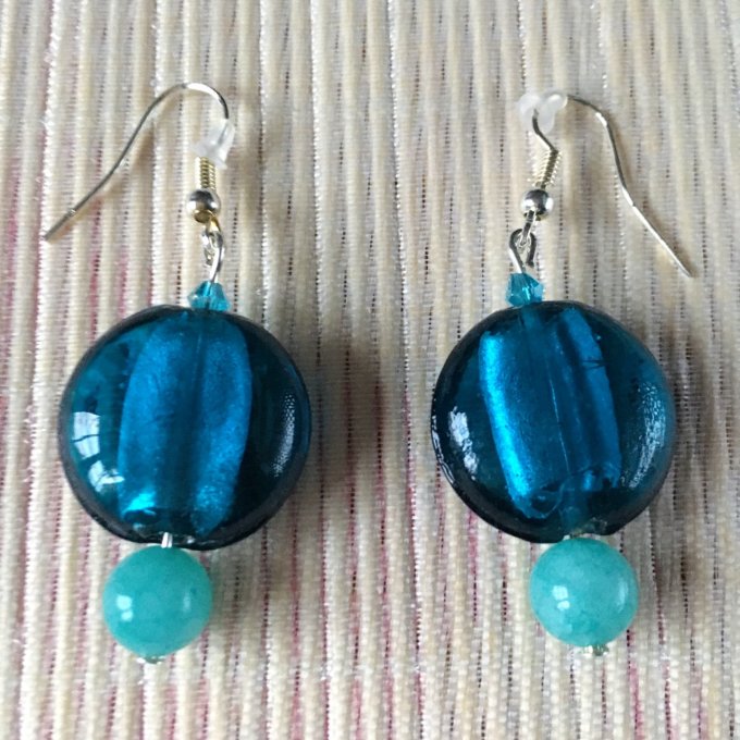 Parure, collier & boucles d'oreilles cœur en verre, bleu canard