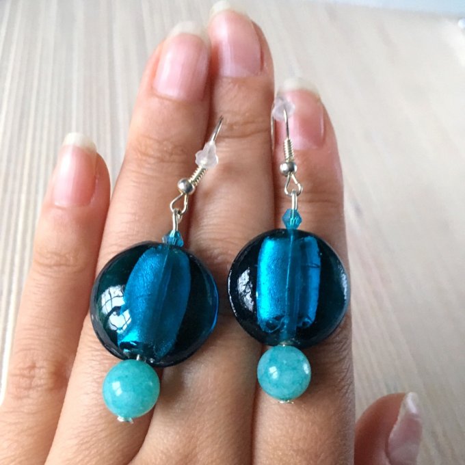 Boucles d'oreilles pastille en verre, bleu canard