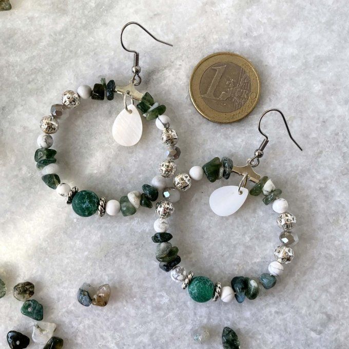 Boucles d’oreilles créoles en Agate Verte & Agate mousse 