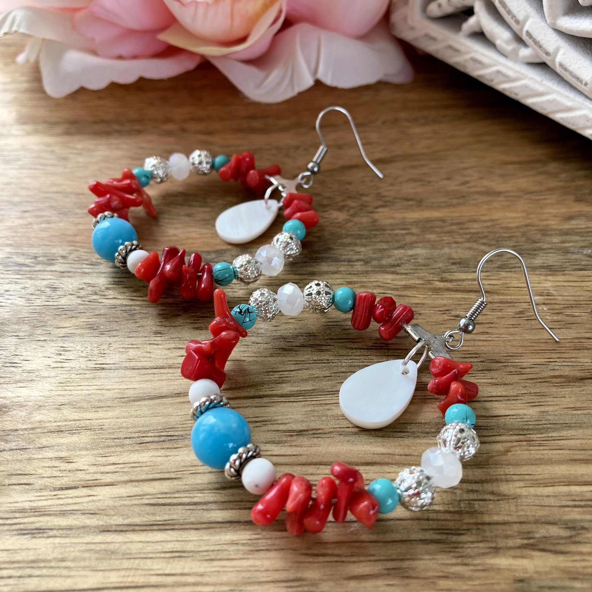 Boucles d’oreilles créoles en Bambou de Mer (imitation Corail)