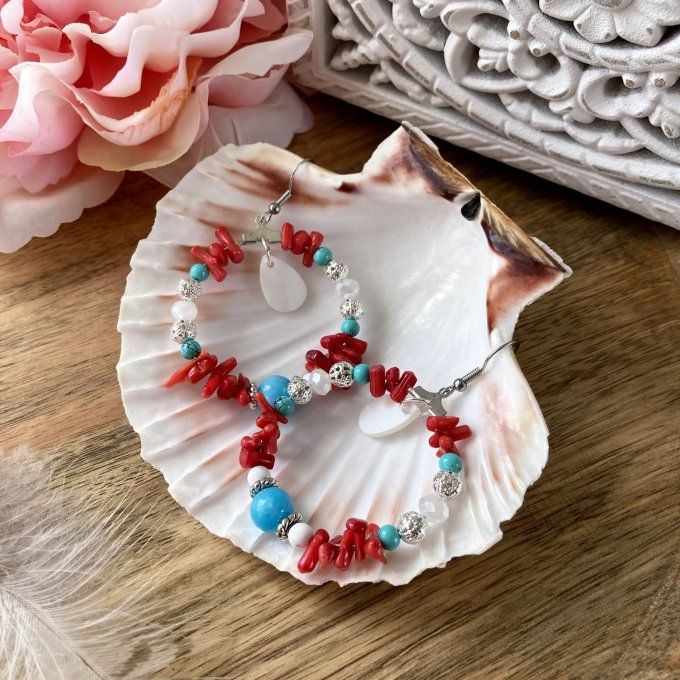 Boucles d’oreilles créoles en Bambou de Mer (imitation Corail)