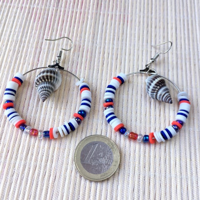 Boucles d'oreilles Créoles, perles Heishi & coquillage, Navy