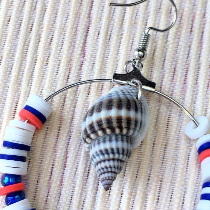 Boucles d'oreilles Créoles, perles Heishi & coquillage, Navy