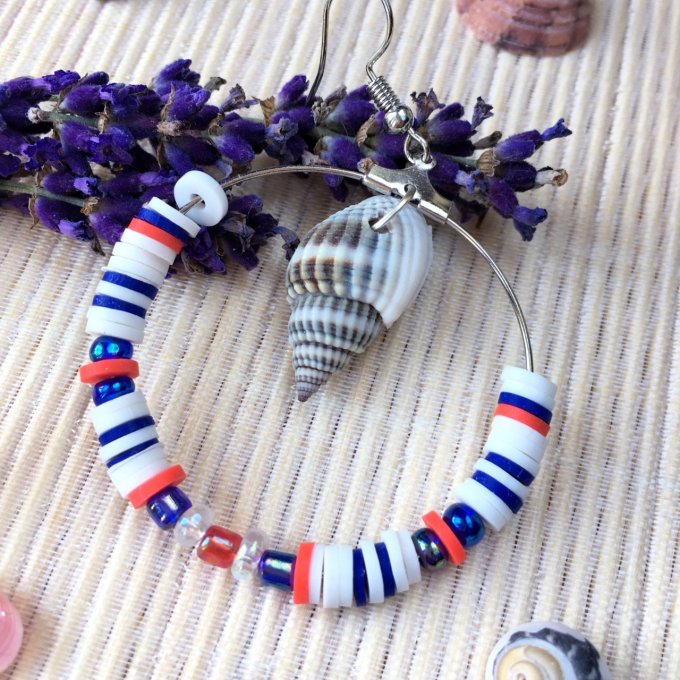 Boucles d'oreilles Créoles, perles Heishi & coquillage, Navy