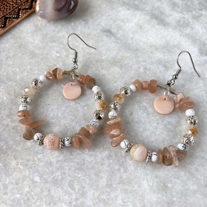 Boucles d’oreilles créoles en Pierre de Lune Orangée 