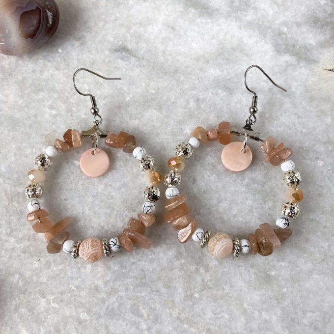 Boucles d’oreilles créoles en Pierre de Lune Orangée 