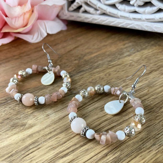 Boucles d’oreilles créoles en Pierre de Lune Orangée 
