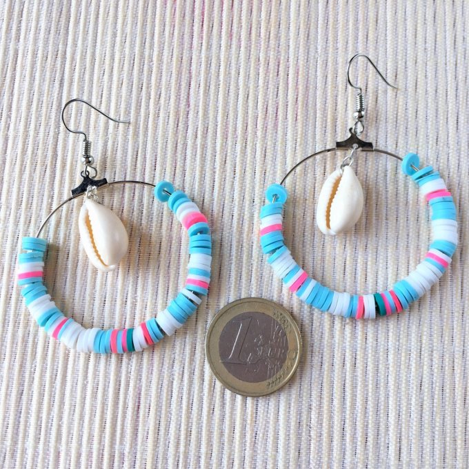 Boucles d'oreilles Créoles, perles Heishi turquoise & coquillages Cauri