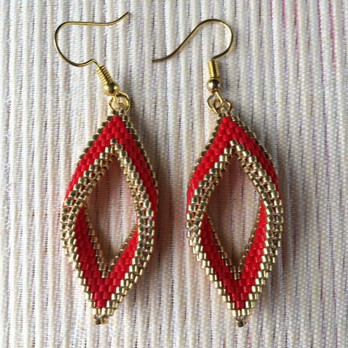 Boucles d'oreilles tissées en perles Miyuki rouge et doré