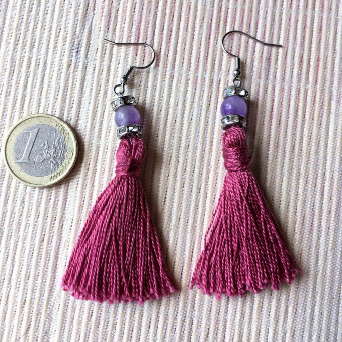 Boucles d'oreilles grand pompon & perle en quartz, vieux rose & mauve