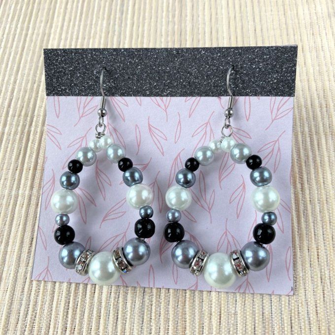 Boucles d’oreilles grandes gouttes d’eau en perles, Blanc perle, Gris & Noir