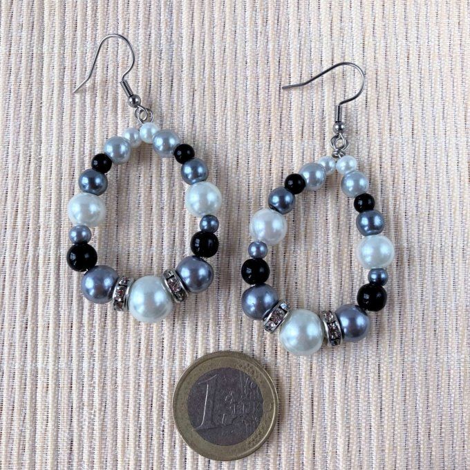 Boucles d’oreilles grandes gouttes d’eau en perles, Blanc perle, Gris & Noir