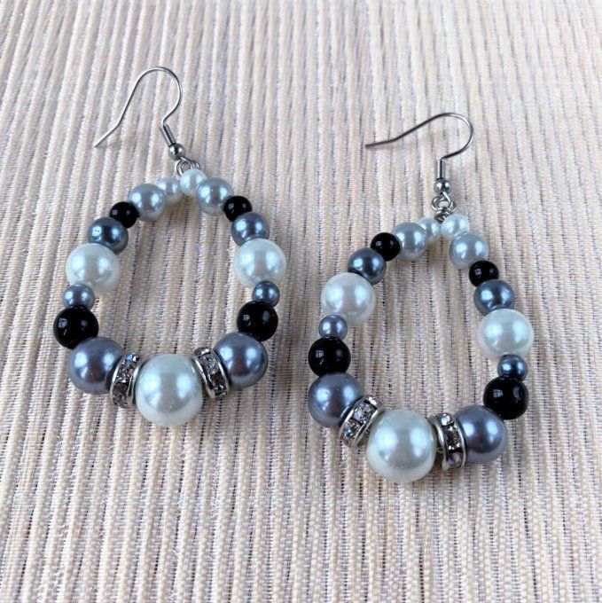 Boucles d’oreilles grandes gouttes d’eau en perles, Blanc perle, Gris & Noir