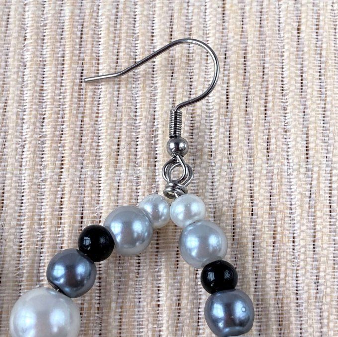 Boucles d’oreilles grandes gouttes d’eau en perles, Blanc perle, Gris & Noir