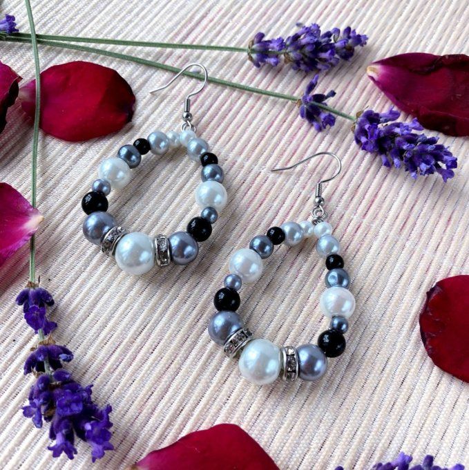 Boucles d’oreilles grandes gouttes d’eau en perles, Blanc perle, Gris & Noir