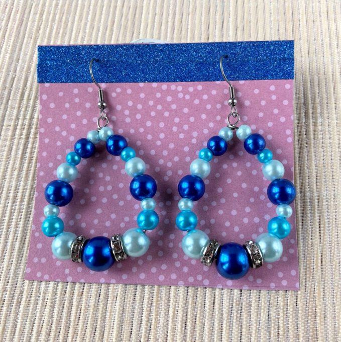 Boucles d’oreilles grandes gouttes d’eau en perles, Bleu foncé