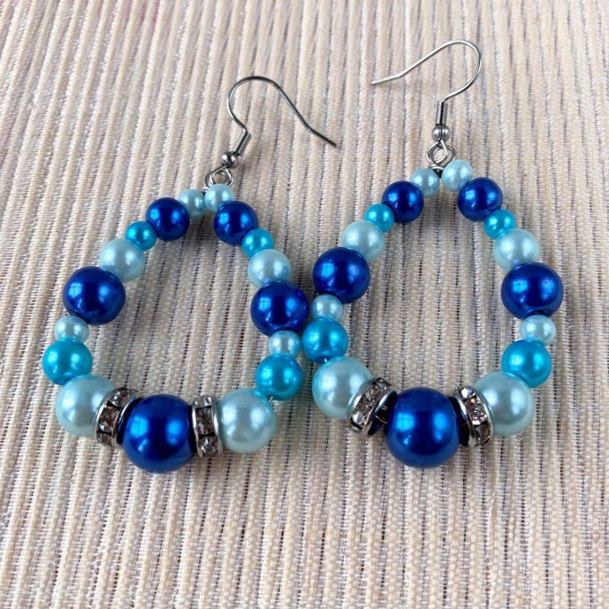 Boucles d’oreilles grandes gouttes d’eau en perles, Bleu foncé