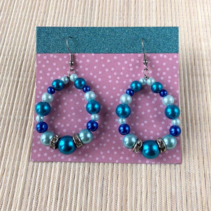 Boucles d’oreilles grandes gouttes d’eau en perles, Bleu vif Turquoise 