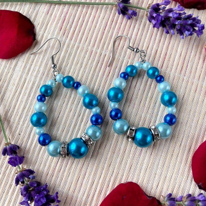 Boucles d’oreilles grandes gouttes d’eau en perles, Bleu vif Turquoise 