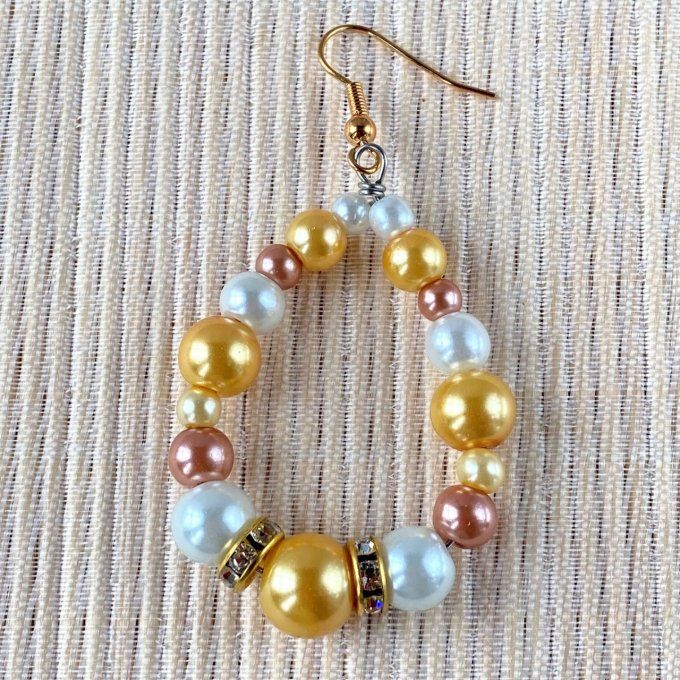 Boucles d’oreilles grandes gouttes d’eau en perles, Jaune doré, Rose brique & Blanc