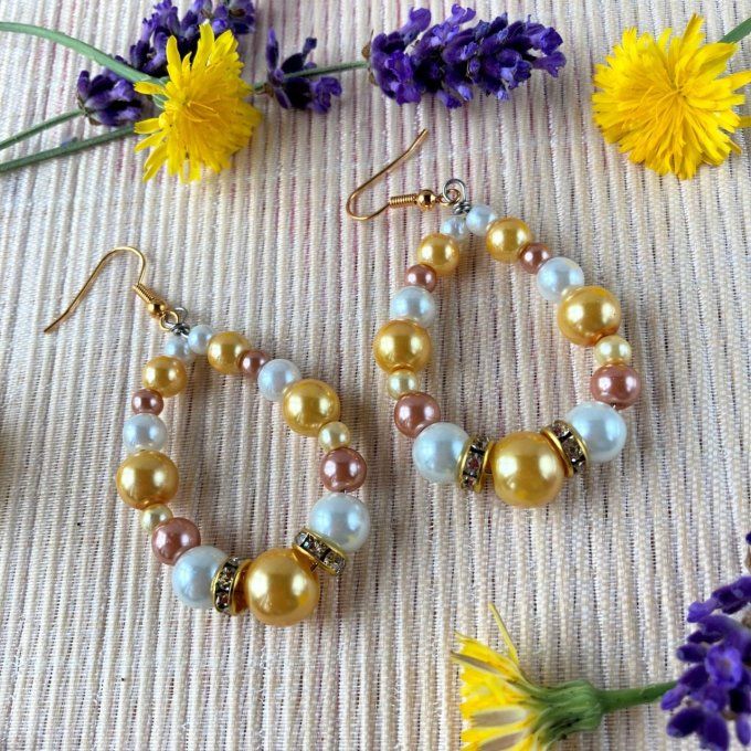 Boucles d’oreilles grandes gouttes d’eau en perles, Jaune doré, Rose brique & Blanc