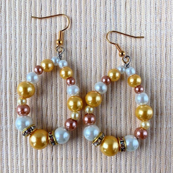 Boucles d’oreilles grandes gouttes d’eau en perles, Jaune doré, Rose brique & Blanc