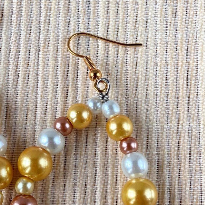 Boucles d’oreilles grandes gouttes d’eau en perles, Jaune doré, Rose brique & Blanc