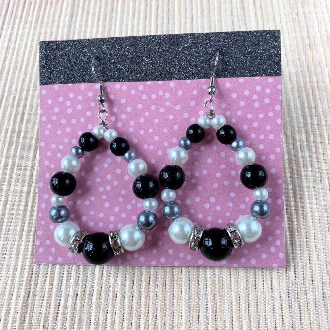 Boucles d’oreilles grandes gouttes d’eau en perles, Noir, Gris & Blanc perle 