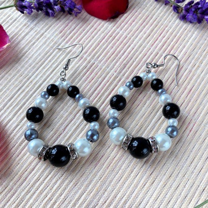 Boucles d’oreilles grandes gouttes d’eau en perles, Noir, Gris & Blanc perle 