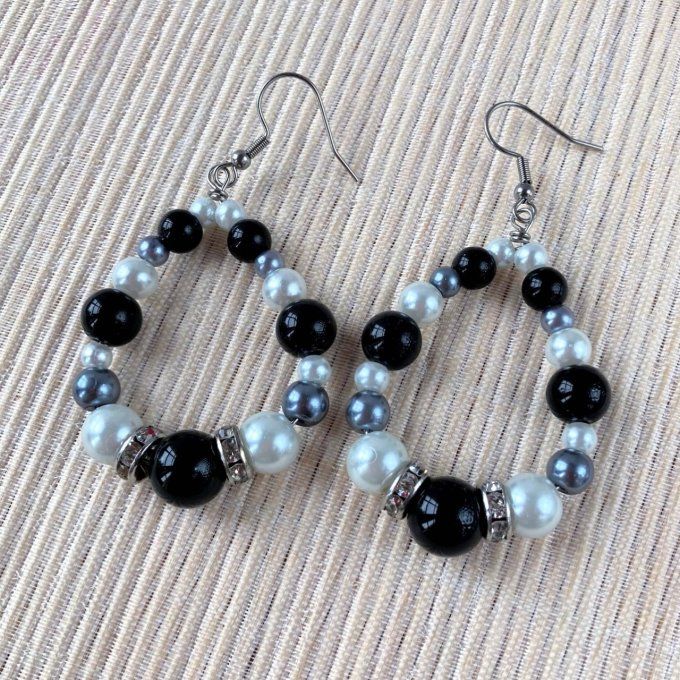 Boucles d’oreilles grandes gouttes d’eau en perles, Noir, Gris & Blanc perle 