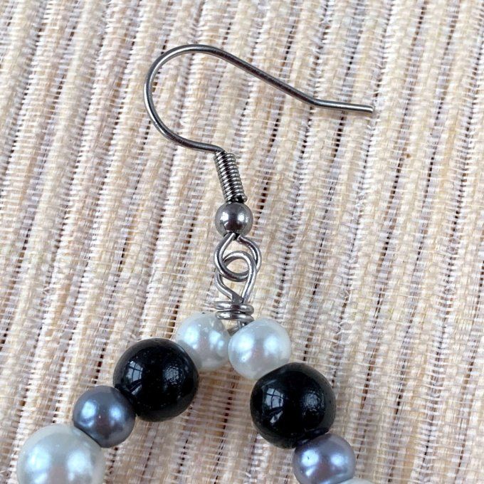 Boucles d’oreilles grandes gouttes d’eau en perles, Noir, Gris & Blanc perle 