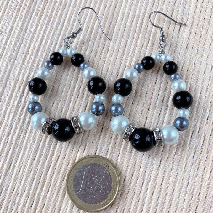 Boucles d’oreilles grandes gouttes d’eau en perles, Noir, Gris & Blanc perle 