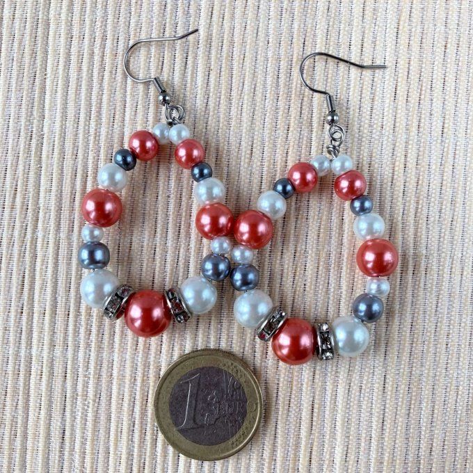 Boucles d’oreilles grandes gouttes d’eau en perles, Rose brique, Blanc perle & Gris