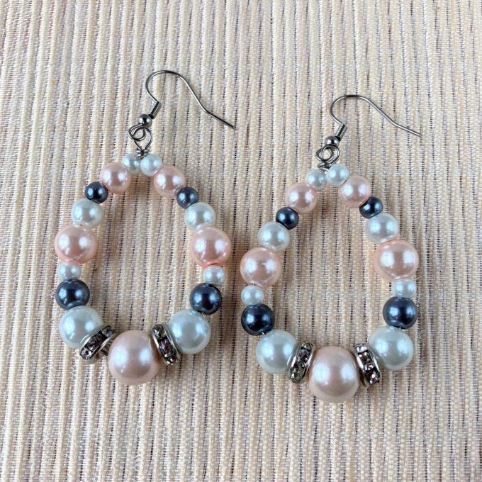 Boucles d’oreilles grandes gouttes d’eau en perles, Rose doux, Gris & Blanc perle 