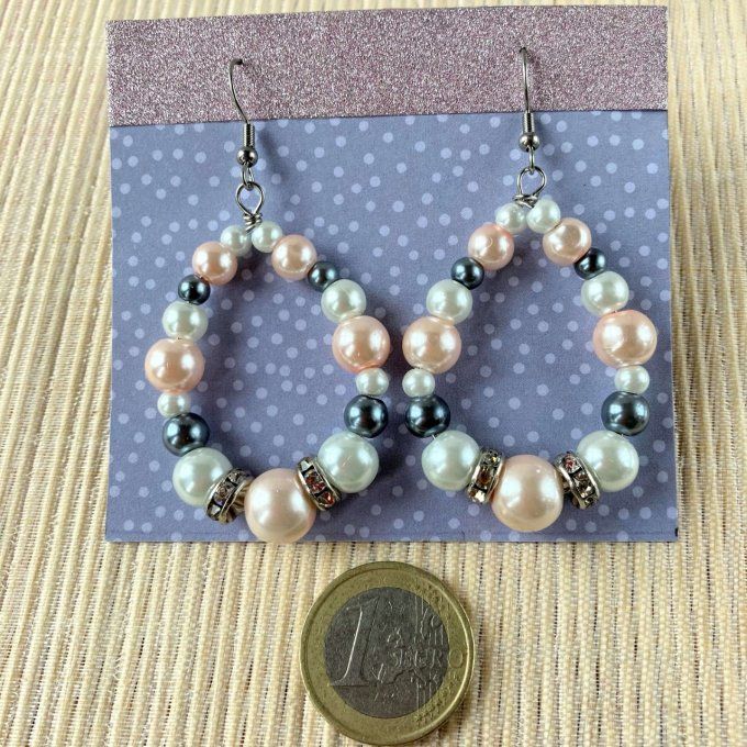 Boucles d’oreilles grandes gouttes d’eau en perles, Rose doux, Gris & Blanc perle 