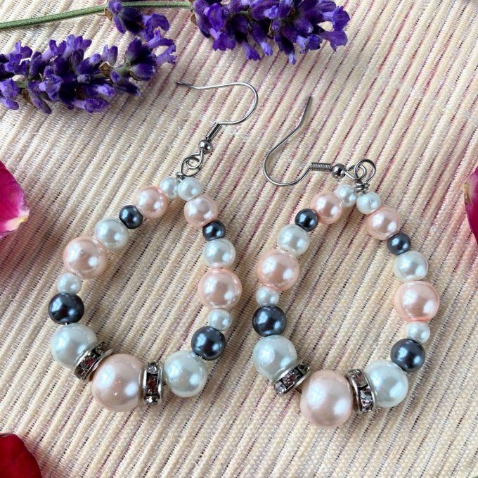 Boucles d’oreilles grandes gouttes d’eau en perles, Rose doux, Gris & Blanc perle 