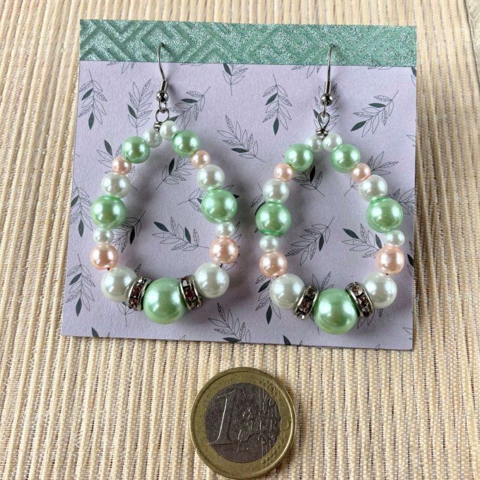 Boucles d’oreilles grandes gouttes d’eau en perles, Vert amande, Rose doux & Blanc