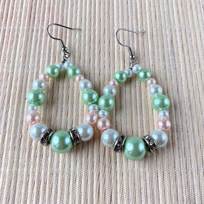 Boucles d’oreilles grandes gouttes d’eau en perles, Vert amande, Rose doux & Blanc