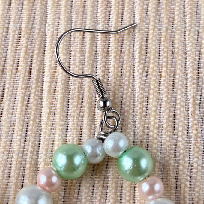 Boucles d’oreilles grandes gouttes d’eau en perles, Vert amande, Rose doux & Blanc