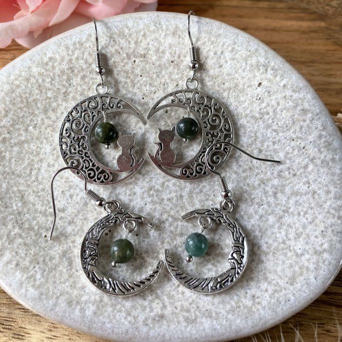 Boucles d’oreilles Lune ou Lune Chat, Agate Verte