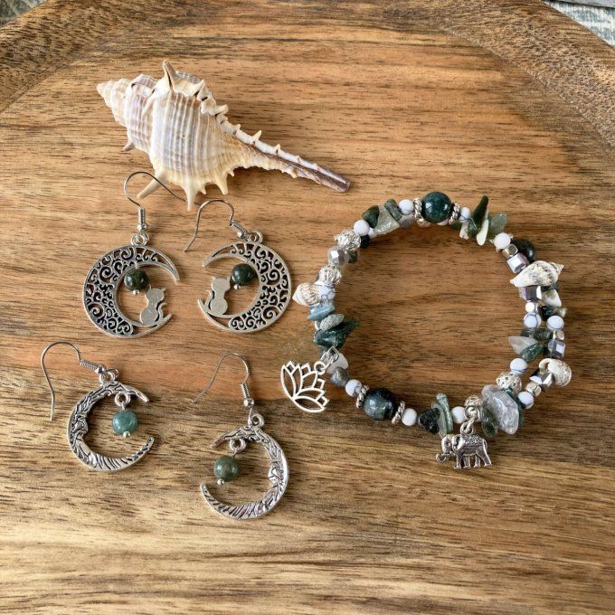 Boucles d’oreilles Lune ou Lune Chat, Agate Verte