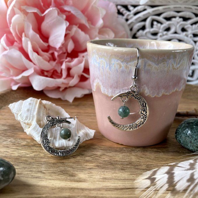 Boucles d’oreilles Lune ou Lune Chat, Agate Verte