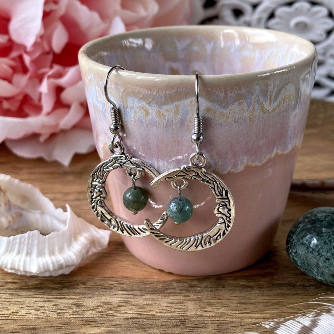 Boucles d’oreilles Lune ou Lune Chat, Agate Verte